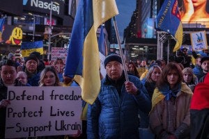 Demonstrators rally in Times Square on the three-year anniversary of Russia's invasion of Ukraine