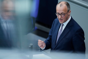 German opposition leader and Christian Democratic Union party chairman Friedrich Merz speaks in the German Parliament Bundestag in Berlin, Germany on March 18, 2025.