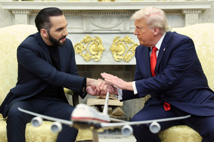 El Salvador's President Nayib Bukele shakes hands with President Donald Trump in an Oval Office meeting on April 14, 2025.