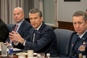 Defense Secretary Pete Hegseth (center) speaks during a Pentagon meeting on April 24, 2025.