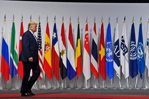 President Donald Trump arrives to the G-20 summit in 2019