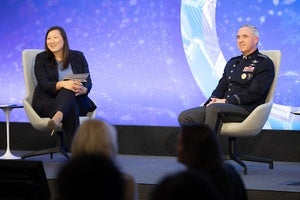 Kari Bingen and General Whiting on the Council stage.