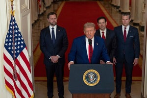 President Donald Trump speaks from the East Room of the White House as Vice President JD Vance, Secretary of State Marco Rubio and Defense Secretary Pete Hegseth listen