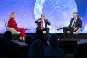 Mary Ann Ahern with Congressmen LaHood and Quigley on the Council's stage.