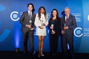 2025 GLAD Honorees Justin Trudeau, Regina Cross, Tanya Polsky, and Michael Polsky with their awards