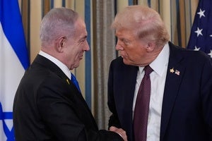 Israel's Prime Minister Benjamin Netanyahu shakes hands with President Donald Trump after a news conference at the White House on September 29, 2025.