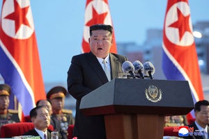 North Korean leader Kim Jong Un speaks during a ceremony in Pyongyang
