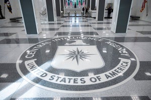 The seal of Central Intelligence Agency is seen in the lobby of the headquarters building