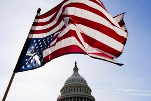 A protester waves an upside down American flag in front of the Capitol