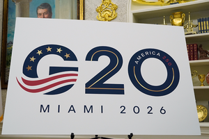Promotional sign for G20 in Miami in 2026.