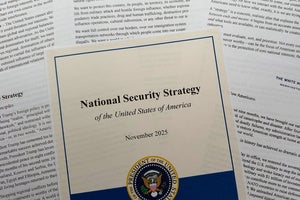 National Security Strategy report cover and pages spread out