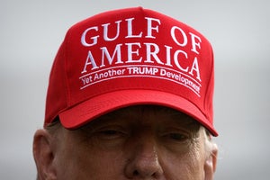  President Donald Trump wears a hat with the slogan Gulf of America