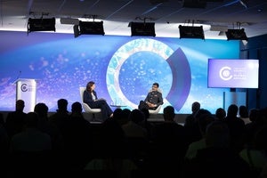 Leslie Vinjamuri and Samir Saran on the Council stage.