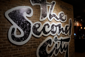 A sign reading "The Second City" in one of the comedy club's Chicago organizations.
