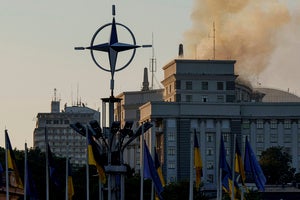 Smoke rises from the Cabinet of Ministers building after a Russian strike in Kyiv