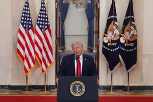 President Donald Trump speaks about the Iran war from the Cross Hall of the White House