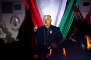 Hungarian Prime Minister Viktor Orbán speaks during a countryside campaign tour 
