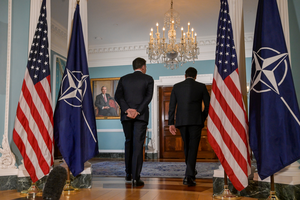 Secretary of State Marco Rubio, right, and NATO Secretary General Mark Rutte, left, depart a photo opportunity at the State Department on April 8, 2026.