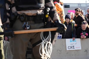 protesters gather outside an ICE processing facility in the Chicago suburb of Broadview