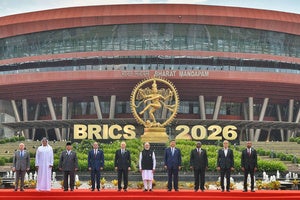 World leaders pose for a group photo during the BRICS summit in New Delhi