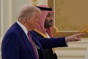 President Donald Trump and Saudi Crown Prince Mohammed bin Salman arrive for a signing ceremony at the Royal Palace in Riyadh, Saudi Arabia, Tuesday, May 13, 2025. 