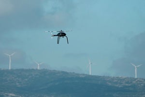 A drone flies in a live-fire exercise near the northeastern city of Alexandroupolis, Greece, testing domestically-developed drones and counter-drone systems as part of NATO's modernization efforts on Friday, Nov. 14, 2025. 