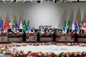 Leaders attend a plenary session, on the opening day of the G20 Summit, in Johannesburg, South Africa, Saturday, Nov. 22, 2025