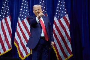 President Donald Trump points to the crowd as he walks off stage after speaking to House Republican lawmakers during their annual policy retreat, Tuesday, Jan. 6, 2026, in Washington.  