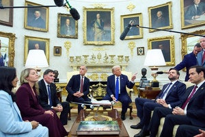 President Donald Trump meets with Canadian Prime Minister Mark Carney in the Oval Office of the White House, Tuesday, Oct. 7, 2025, in Washington.