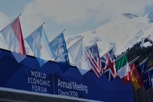 Flags decorate the Congress Center where the Annual Meeting of the World Economy Forum take place in Davos, Switzerland, Monday, Jan. 19, 2026. 