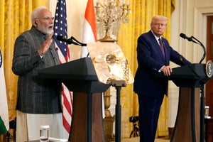 India's Prime Minister Narendra Modi speaks as President Donald Trump listens during a news conference in the East Room of the White House, Thursday, Feb. 13, 2025, in Washington.