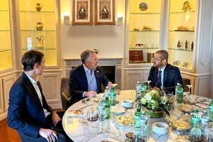 Oman's Minister of Foreign Affairs Sayyid Badr bin Hamad Al Busaidi, right, holds a meeting with White House special envoy Steve Witkoff, center, and Jared Kushner, as part of the ongoing Iranian-American negotiations, in Geneva, Thursday Feb. 26, 2026.