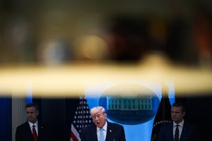 President Donald Trump, accompanied by Defense Secretary Pete Hegseth and CIA Director John Ratcliffe, speaks with reporters in the James Brady Press Briefing Room at the White House, Monday, April 6, 2026, in Washington.