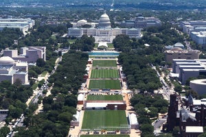 The U.S. Capitol backdrops the National Mall where construction crews prepare The Mall for the 250 anniversary celebrations, Thursday, May 28, 2026, in Washington.