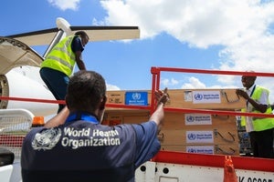Workers load World Health Organization (WHO) emergency supplies onto a United Nations plane in Nairobi, Kenya, Wednesday, May 20, 2026, headed for Congo to combat the Ebola outbreak in Ituri province. 