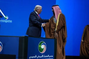 President Donald Trump speaks with Saudi Arabia's Crown Prince Mohammed bin Salman during the Saudi Investment Forum at the Kennedy Center, Wednesday, Nov. 19, 2025, in Washington.