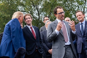President Donald Trump, left, speaks with Meta CEO Mark Zuckerberg as Dario Amodei, CEO and co-founder of Anthropic as he speaks with reporters outside the West Wing of the White House, Tuesday, Sept. 29, 2026, in Washington.