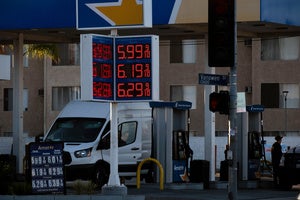 Gas prices are displayed on a gas station in Los Angeles on Tuesday, October. 13, 2026.