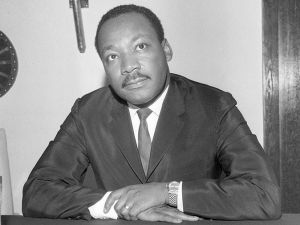 A black and white photo of Martin Luther King, Jr.