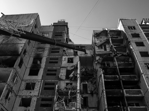 A destroyed apartment complex in Ukraine