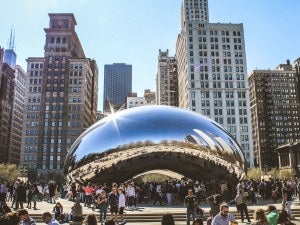 The "Bean" sculpture with skyscrapers behind it