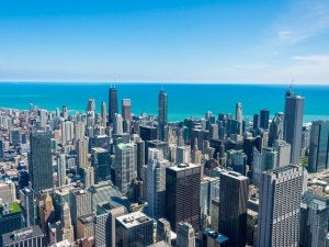 An aerial view of downtown Chicago skyscrapers