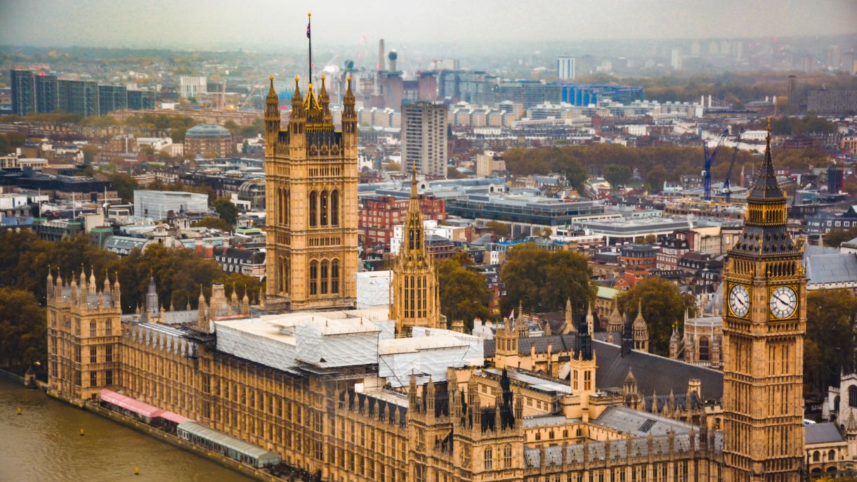 Aerial view of the UK houses parliament and the river Thames