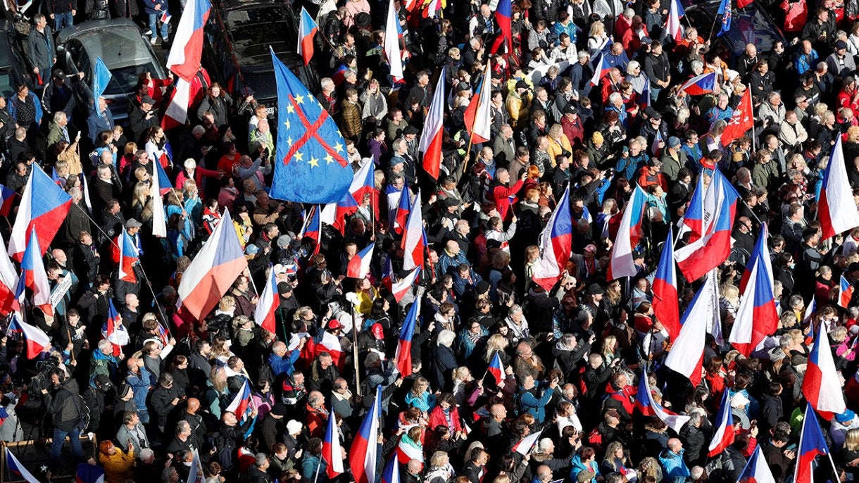 Demonstrators take part in an anti-government protest rally in reaction to the energy crisis and soaring prices in Prague