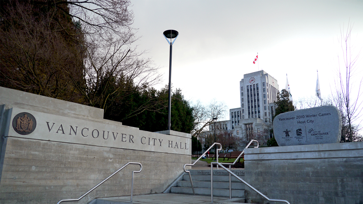 a sign outside of Vancouver's City Hall