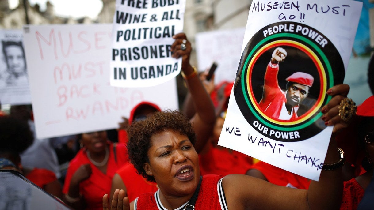 Protesters demonstrate against Ugandan President Yoweri Museveni outside Uganda House in London