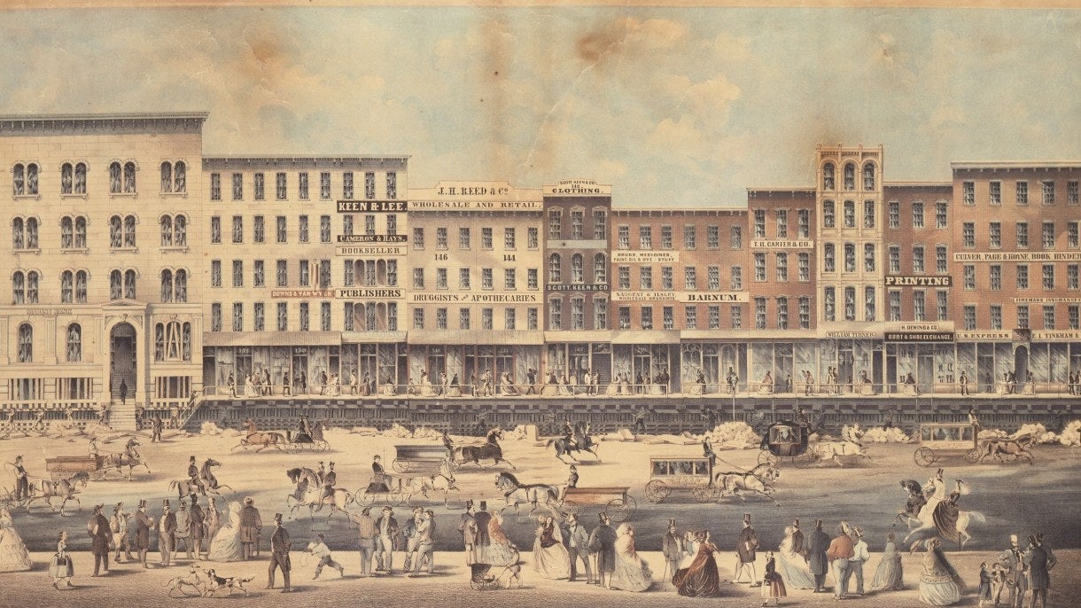 Lithograph of raising of a block of brick buildings on Lake Street, Chicago