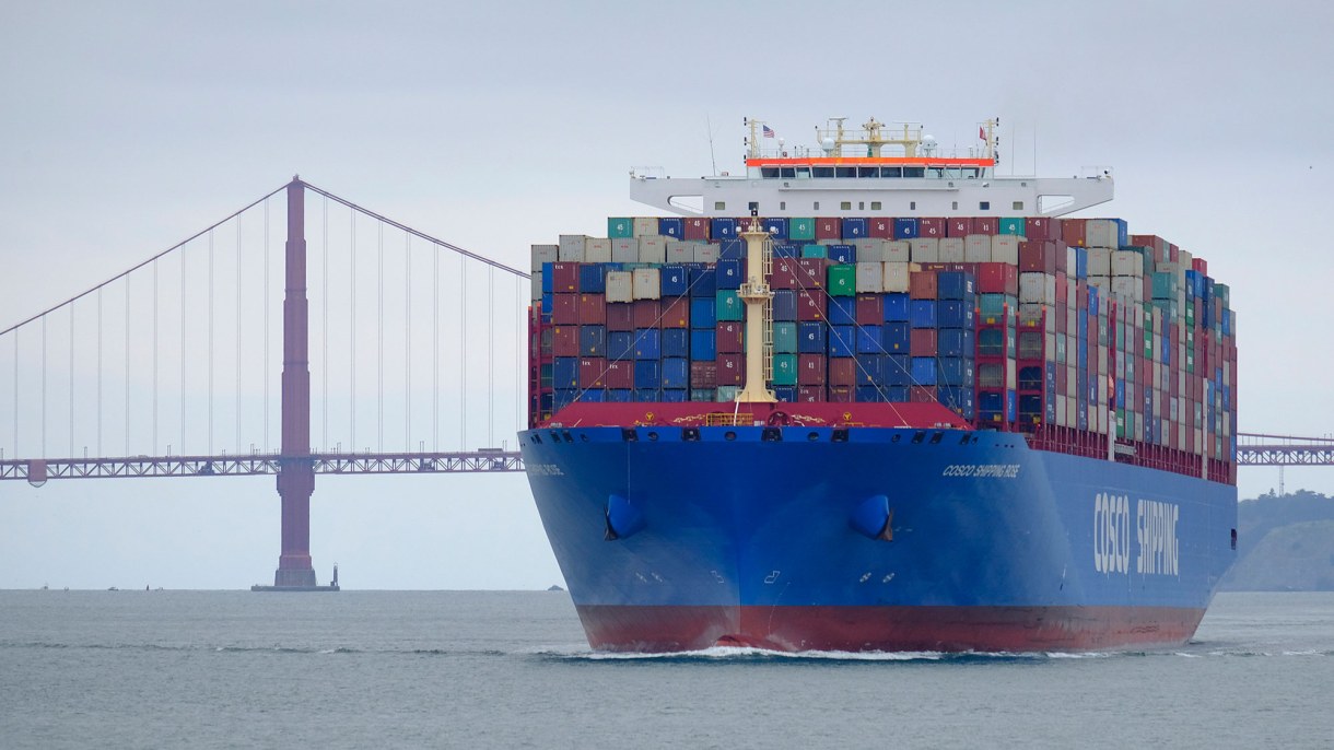 Cosco Shipping container ship passes the Golden Gate Bridge