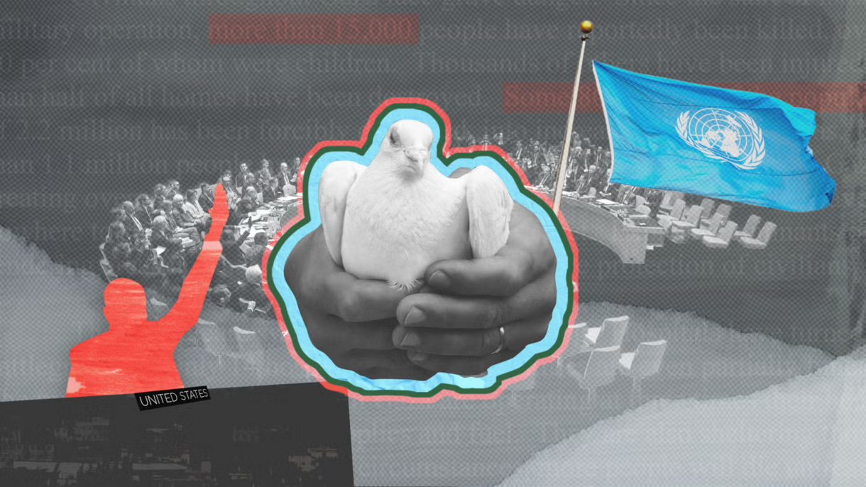 An illustrated collage of a dove and images from the United Nations