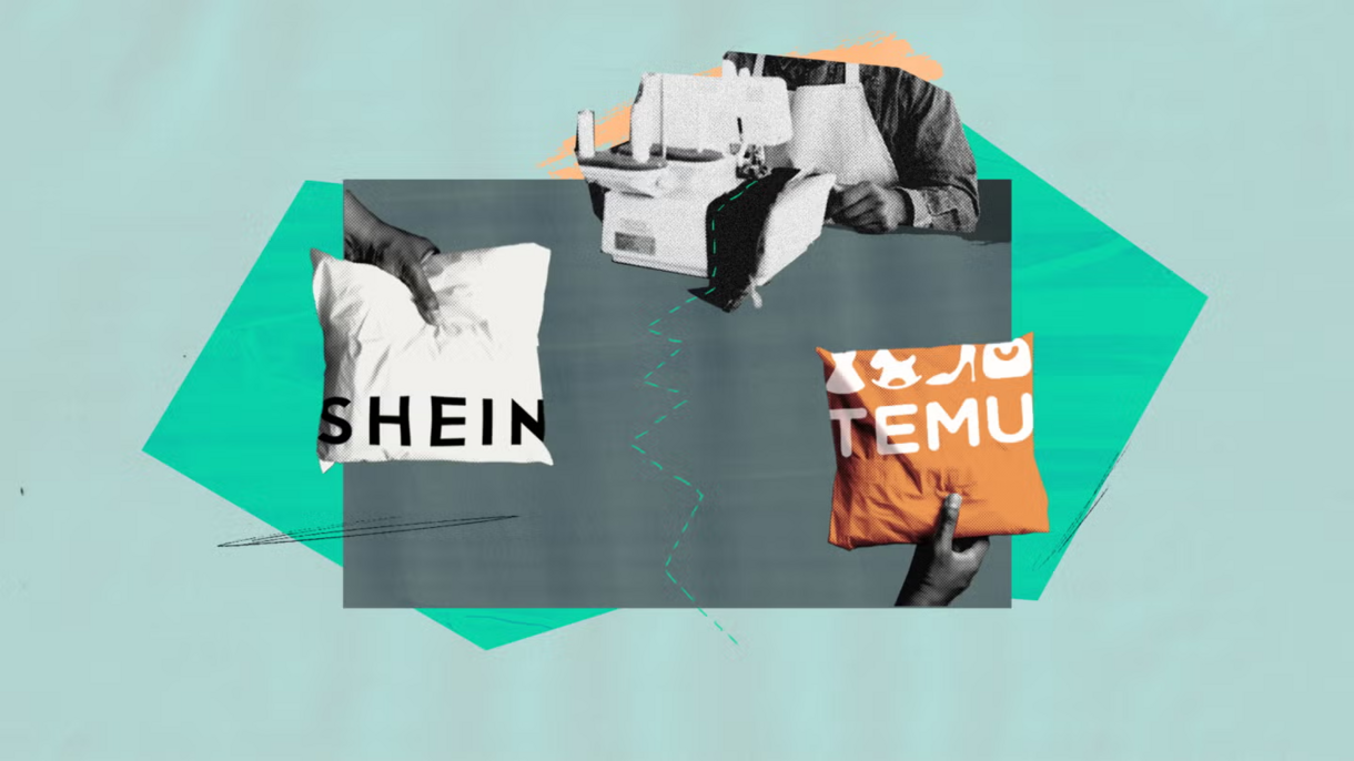 An illustrated collage of a Shein package and a Temu package